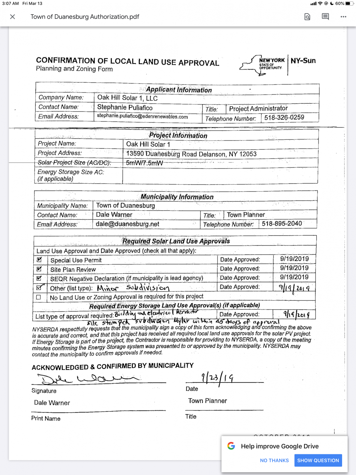 Confirmation of local landuse approvalOak Hill Solar 1 Duanesburg